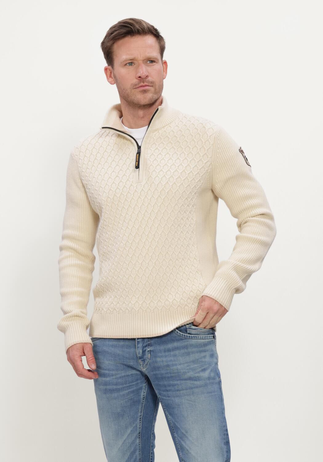 Ecru PME LEGEND Trui HALF ZIP COLLAR COTTON