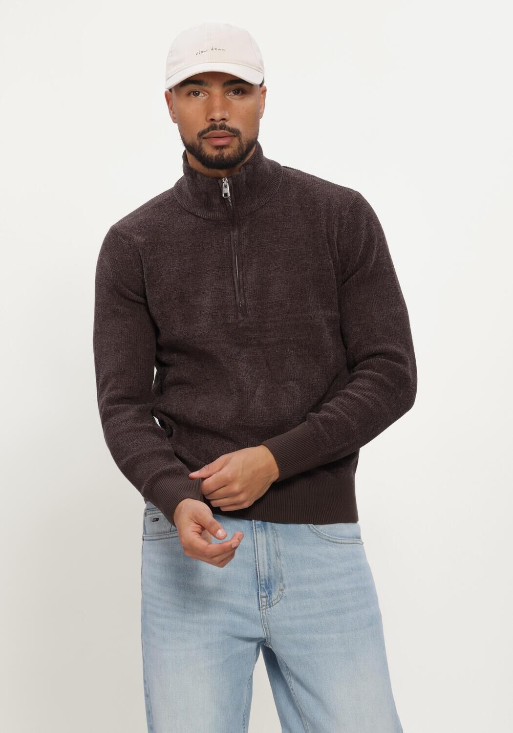 Bruine SELECTED MEN Trui SLMRODNEY LS HIGH NECK HALF ZIP - large