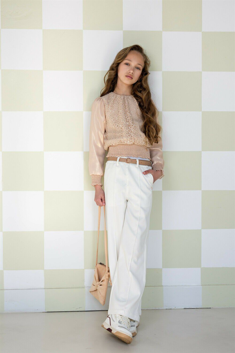 NONO Meisjes Broeken Sayla Girls Pants Pinstripe White Ecru
