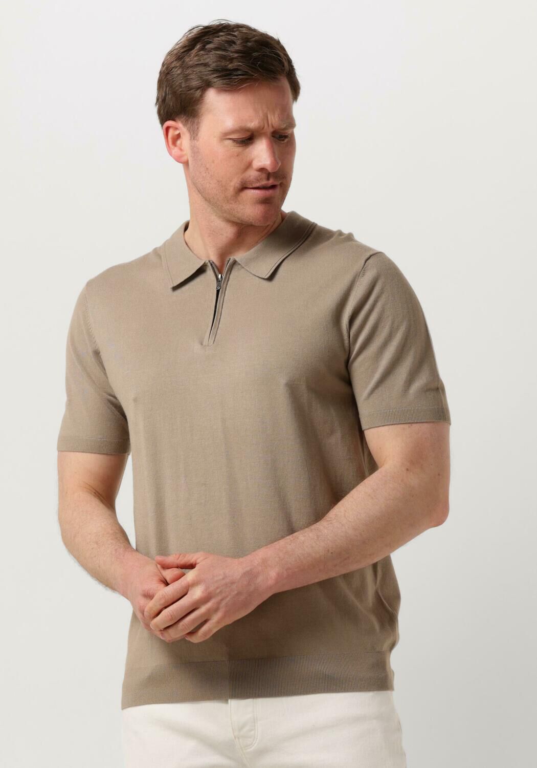 PURE PATH Heren Polo's & T-shirts Knitted Shotsleeve Polo Half Zip With Chest Embroidery Taupe