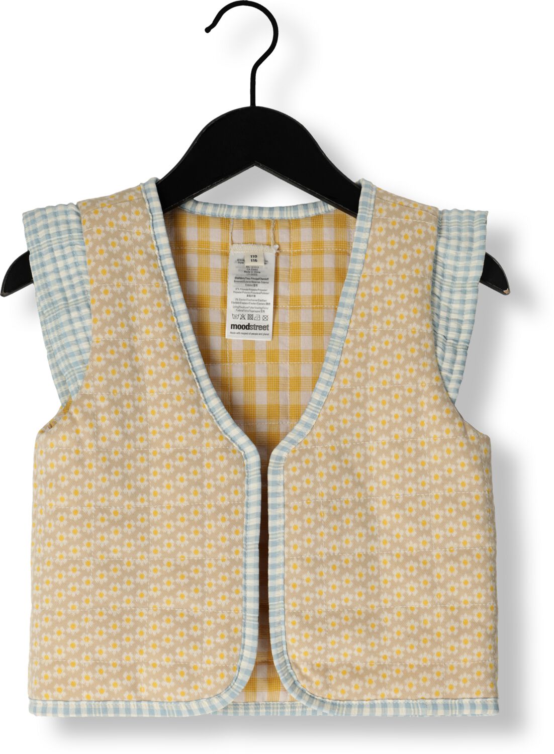 Moodstreet geruit reversible gilet lichtgeel ecru lichtblauw Meisjes Polyester Openvallende hals 146 152