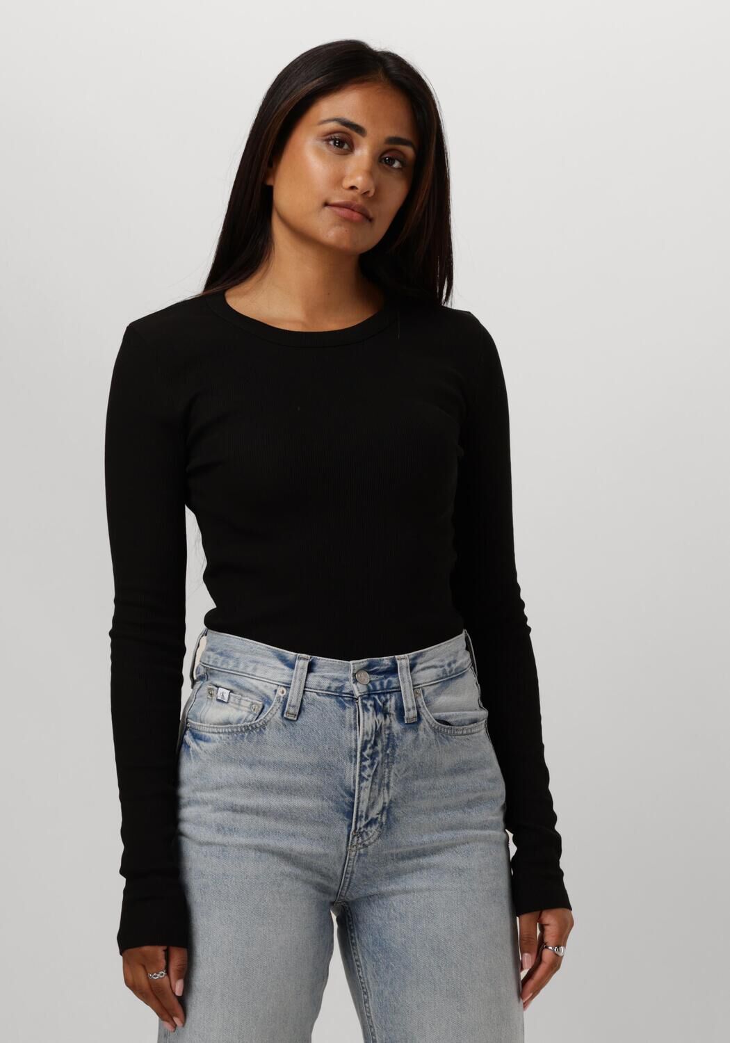 zwarte calvin klein longsleeves woven label rib long sleeve