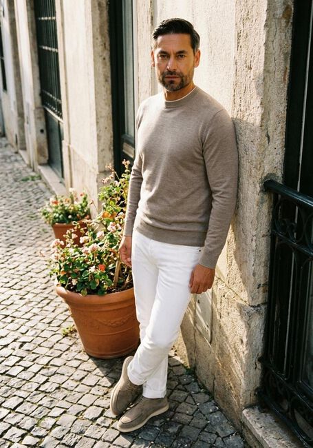 Beige GENTILUOMO Trui ROUND NECK LS - large