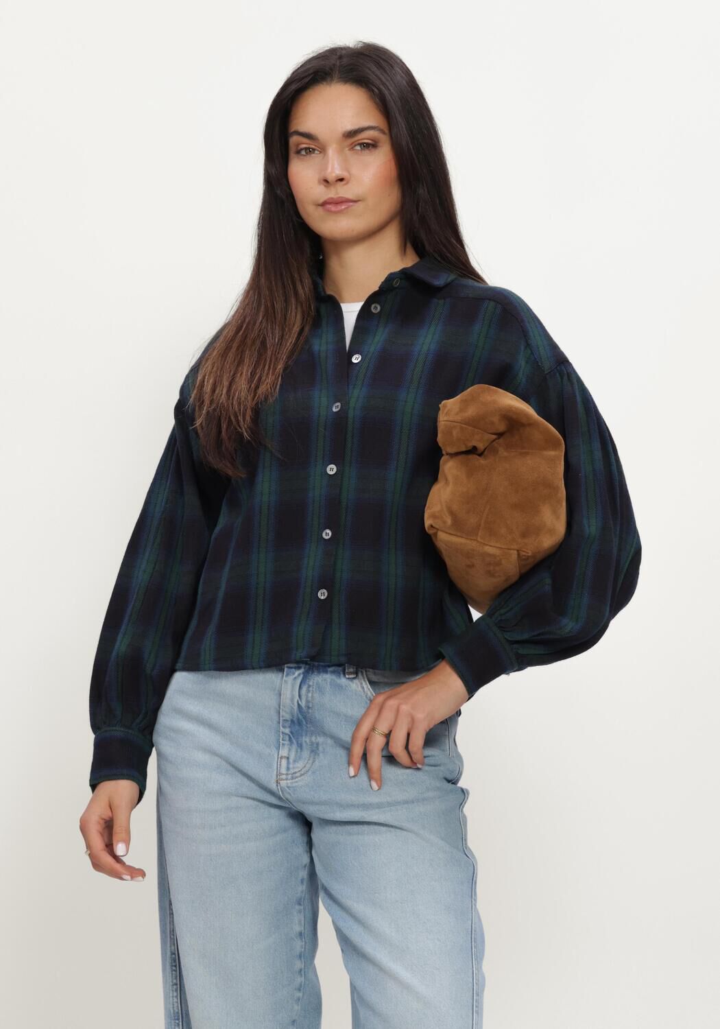 Donkerblauwe BY-BAR Blouses SARAH SHORT GREEN CHECK BLOUSE - large