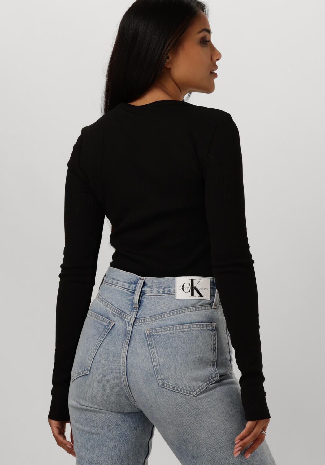 CALVIN KLEIN Dames Tops & T-shirts Woven Label Rib Long Sleeve Zwart