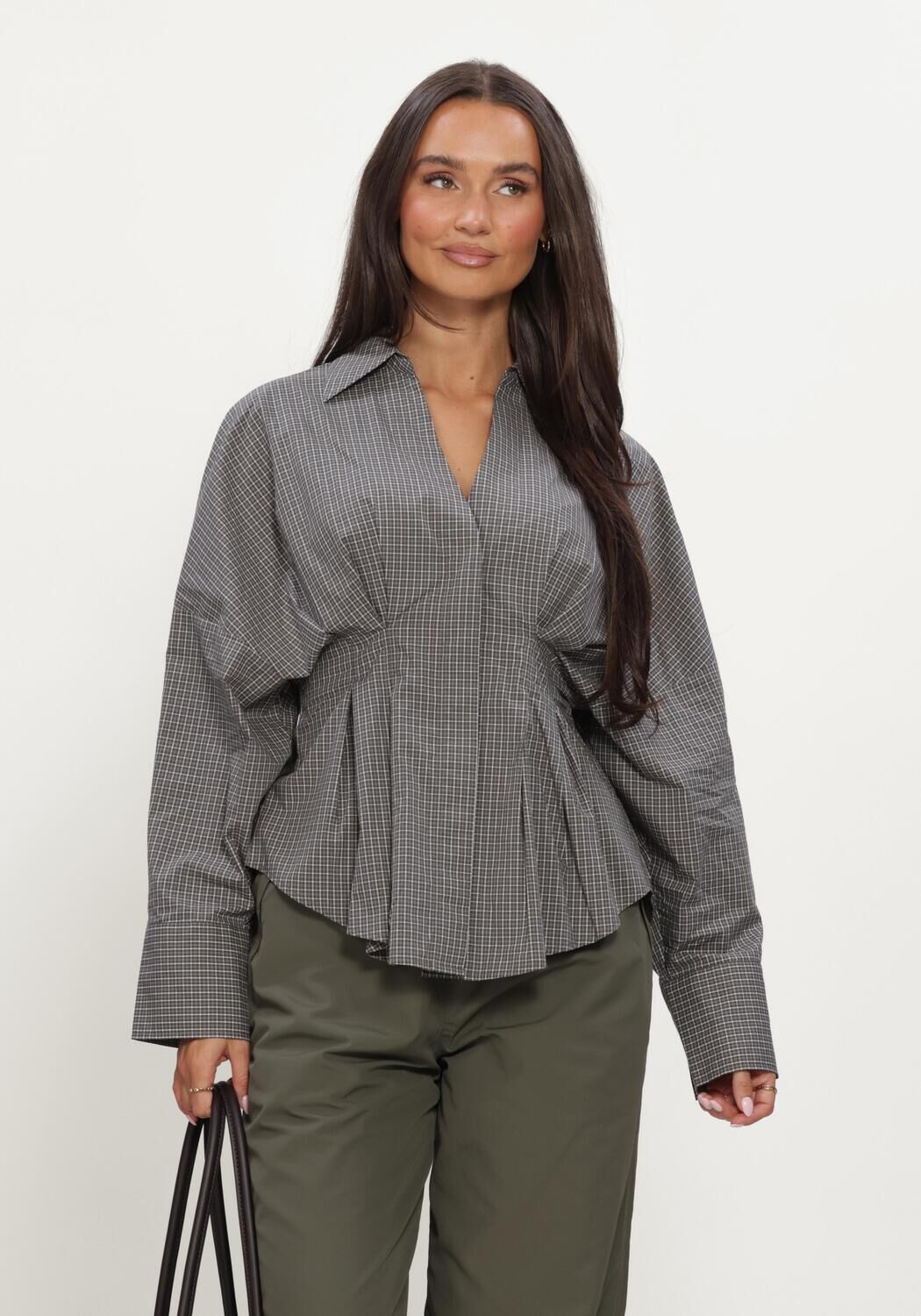 Grijze CATWALK JUNKIE Blouses CHECK BLOUSE WITH WAIST PLEATS - large