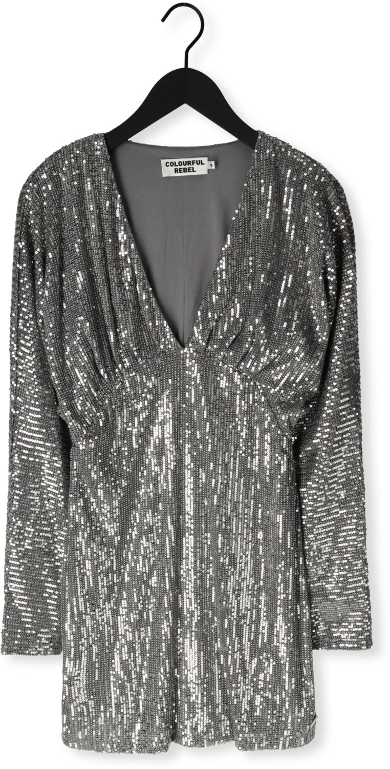 COLOURFUL REBEL Dames Jurken Belle Sequins Deep V-neck Mini Dress Zilver