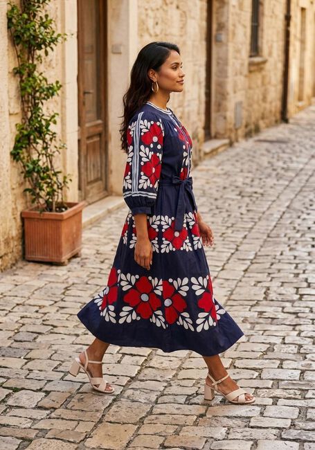 Donkerblauwe ANTIK BATIK Midi jurk OXO DRESS - large