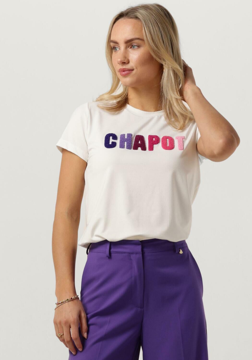 Fabienne Chapot T-shirt Terry met ingebreid patroon creme roze paars