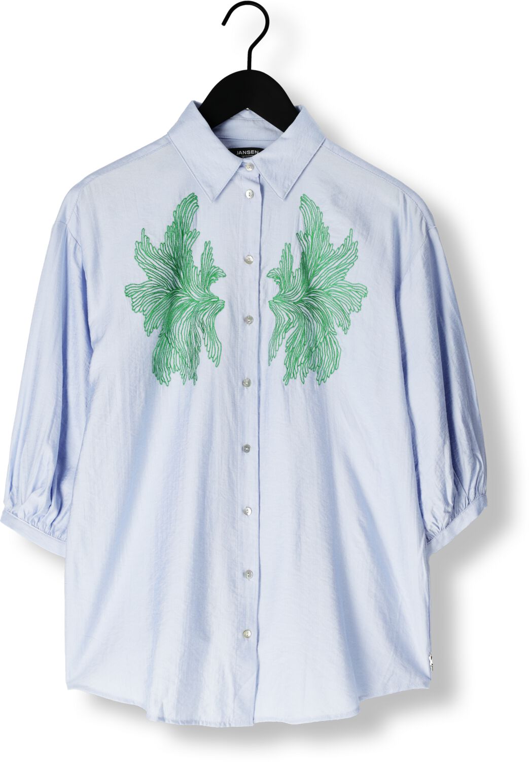 JANSEN AMSTERDAM Dames Blouses Odessa Blouse Fs 707 3 4 Puffed Sleeve Green Embroidery Blauw