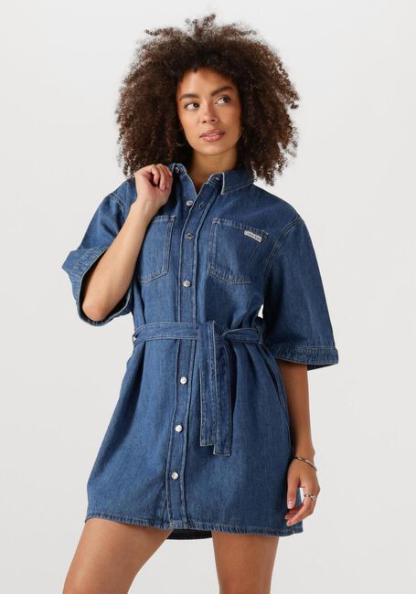 Blauwe CALVIN KLEIN Mini jurk LINEN BOXY BELTED SHIRT DRESS - large