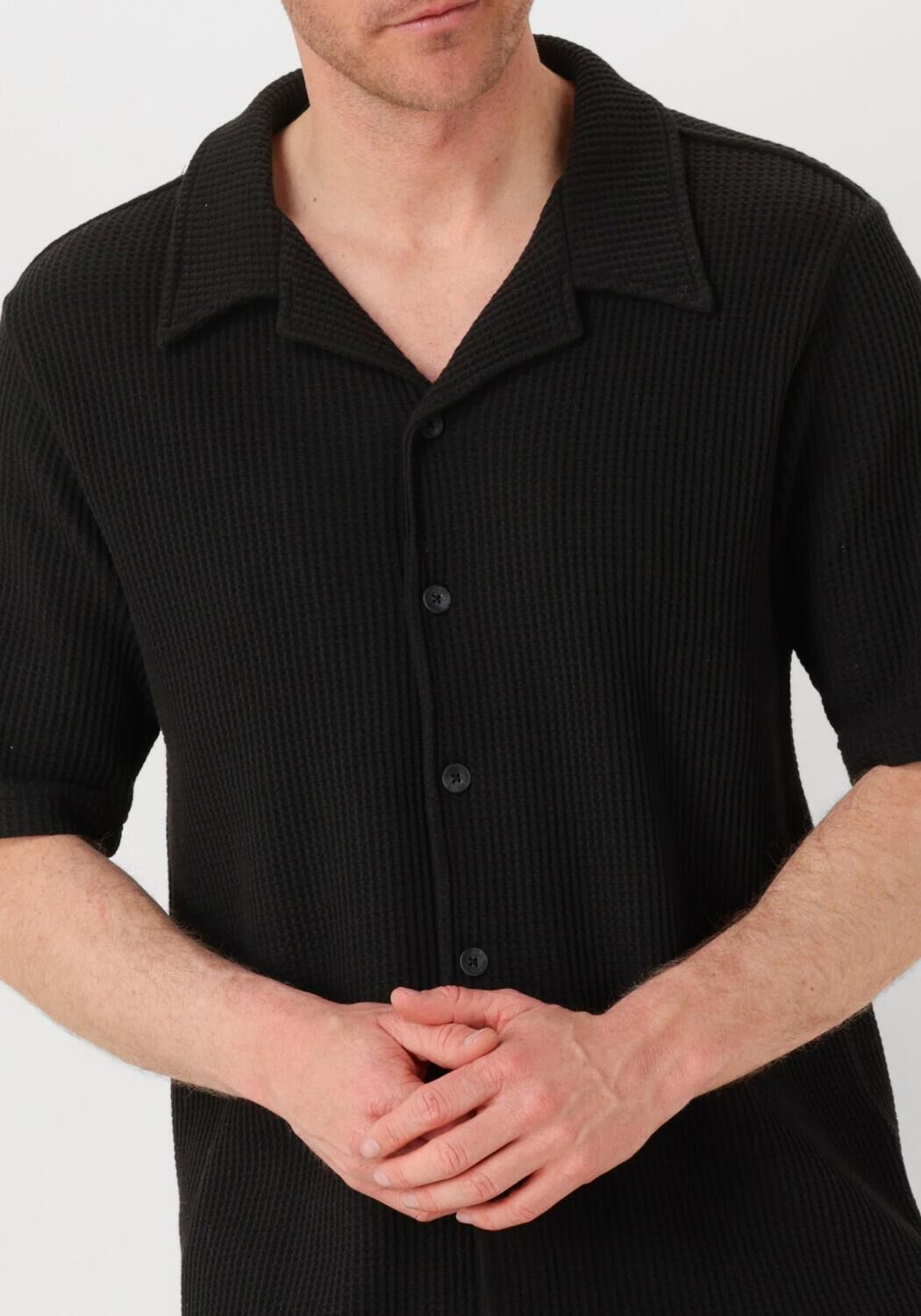 SHIWI Heren Overhemden Men Dean Waffle Structure Shortsleeve Zwart