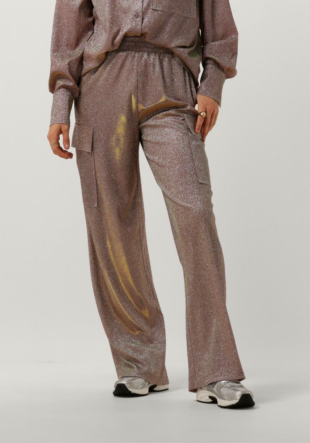 Refined Department beige metallic high waist wide leg cargobroek Yuma met all over print en glitters beige oudroze