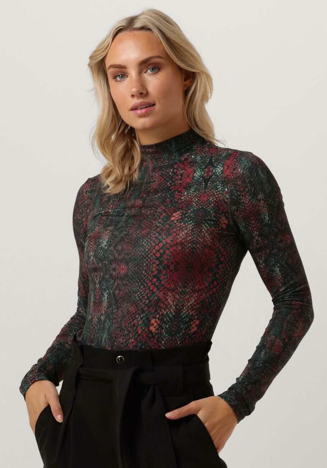 SCOTCH & SODA Dames Tops & T-shirts All Over Printed Mockneck Long Sleeved Shirt Donkergroen