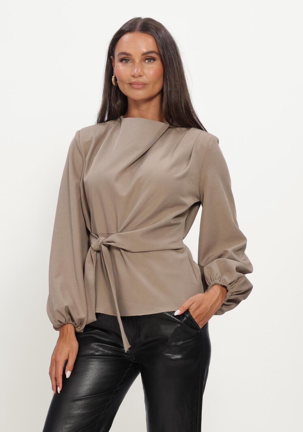 Taupe CO'COUTURE Blouses LUNACC TIE BLOUSE - large