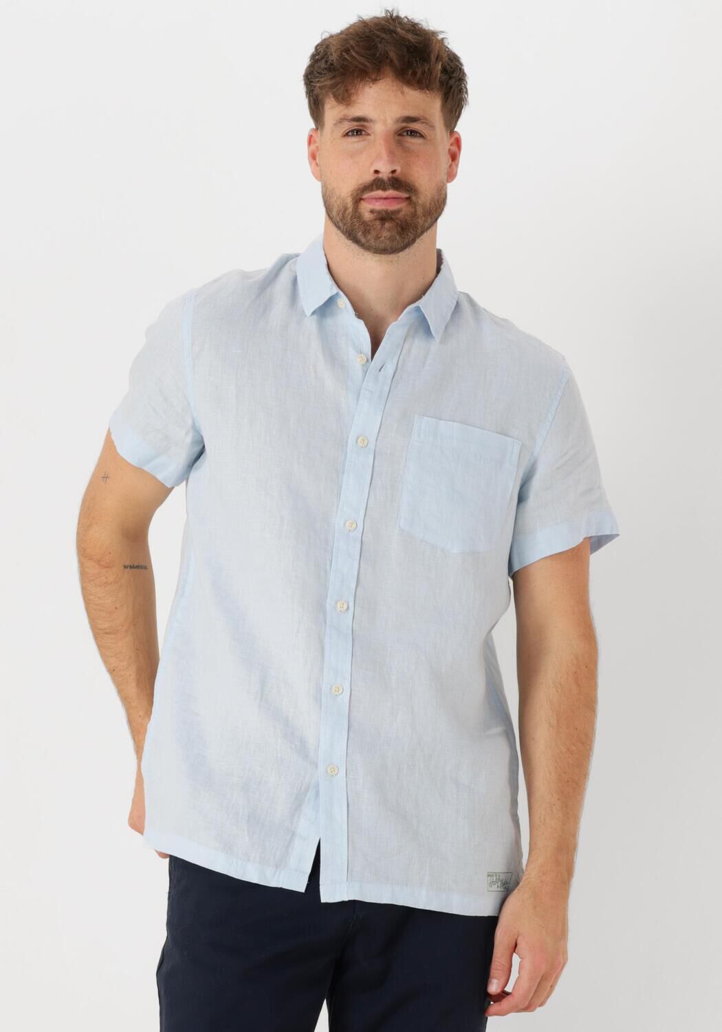 SCOTCH & SODA Heren Overhemden Short-sleeved Regular Fit Linen Shirt Lichtblauw