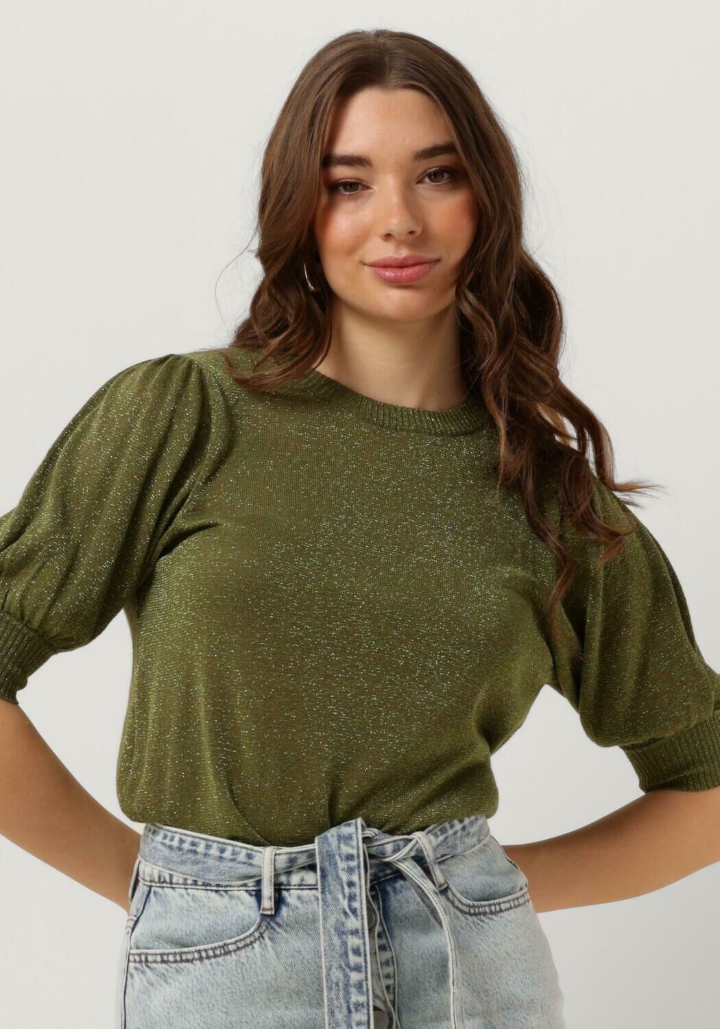 MINUS Dames Tops & T-shirts Liva Puff Sleeve Metallic Knit Pullover Groen