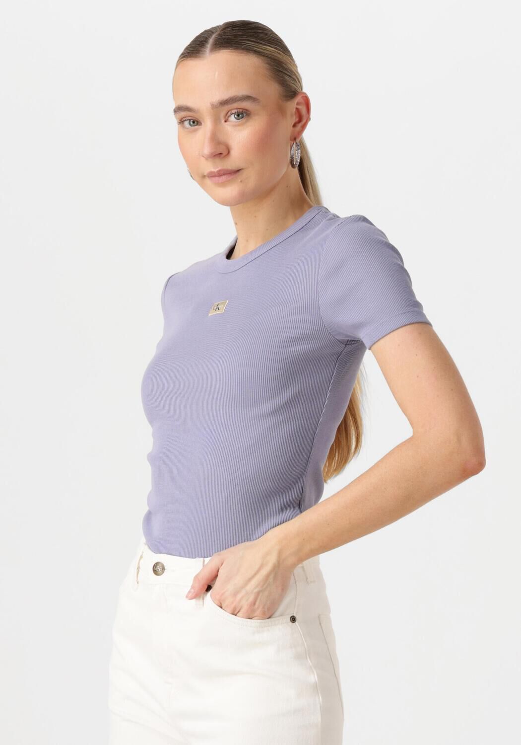 CALVIN KLEIN Dames Tops & T-shirts Washed Woven Label Rib Fit Tee Lila