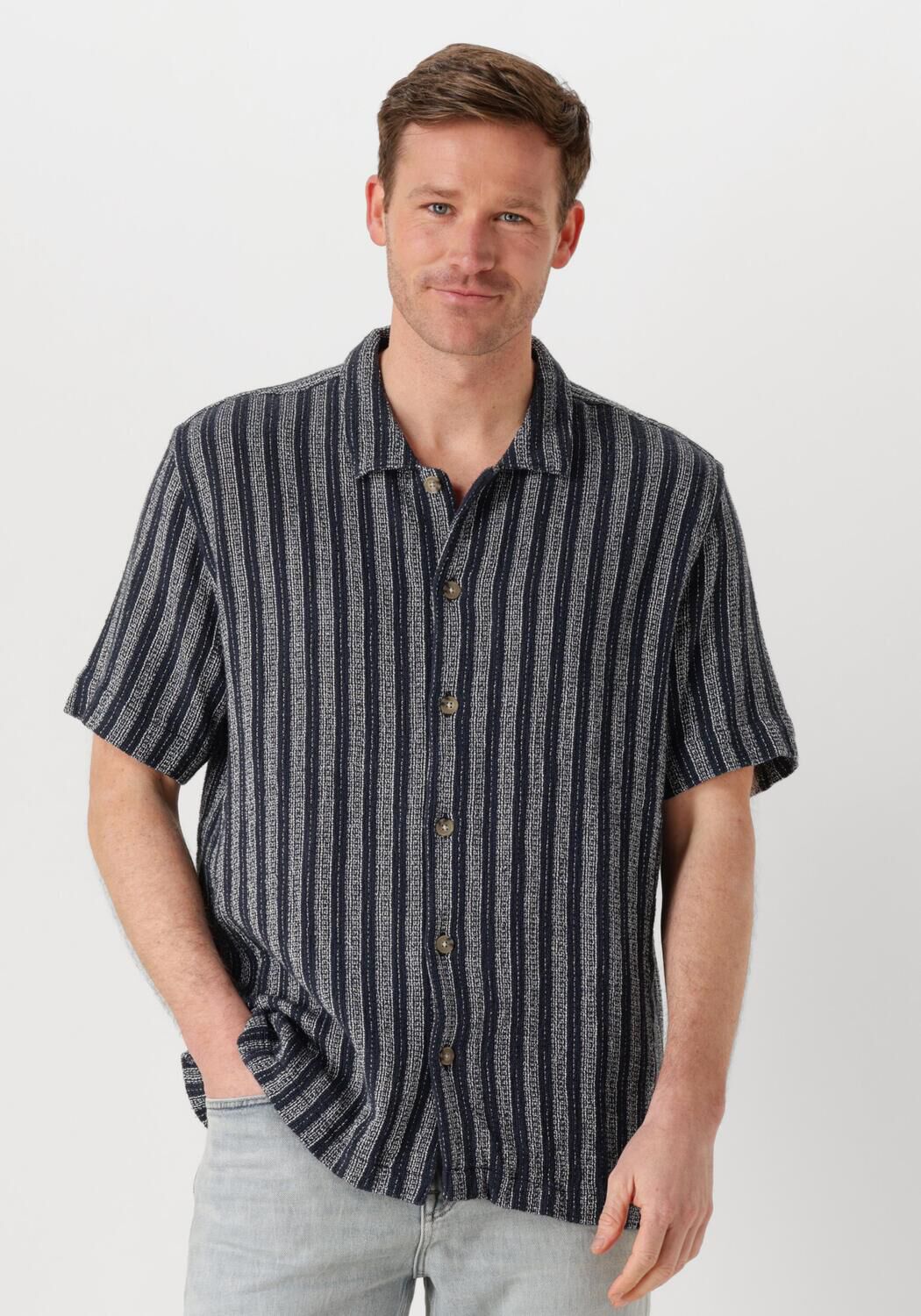 CAST IRON Heren Overhemden Short Sleeve Shirt Yd Stripe Regular Fit Blauw