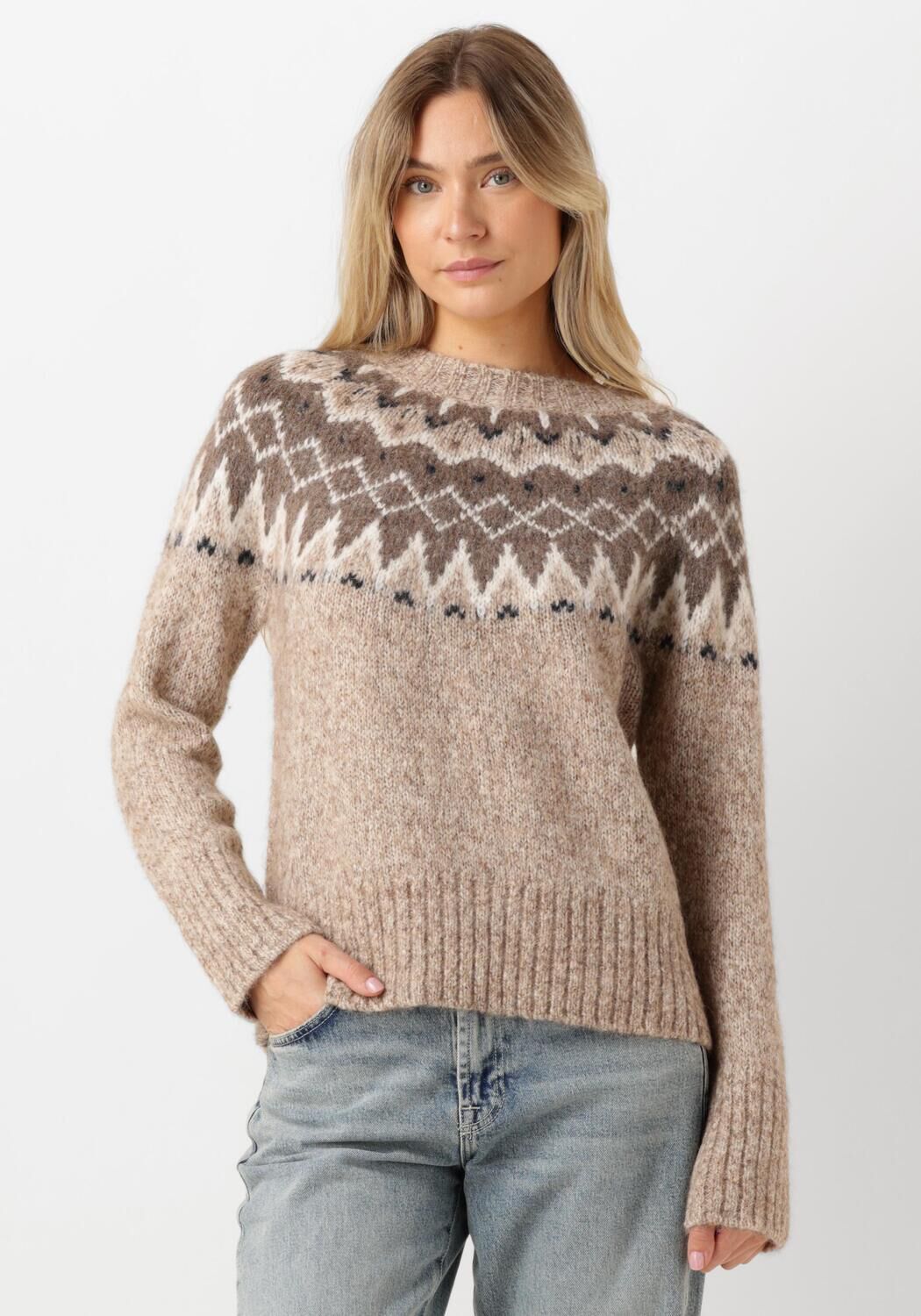 MOS MOSH Warme Gebreide Trui met Mooi Patroon Brown Dames