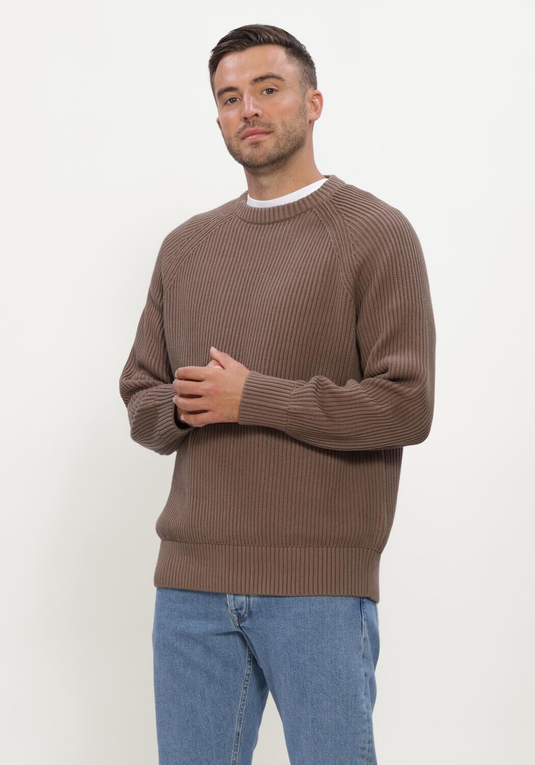 Bruine SELECTED MEN Trui SLMBRAUN KNIT RIB CREW NECK NOOS - large
