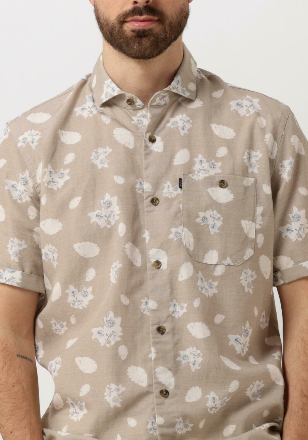 VANGUARD Heren Overhemden Short Sleeve Shirt Printed Tencel Cotton Linen Beige