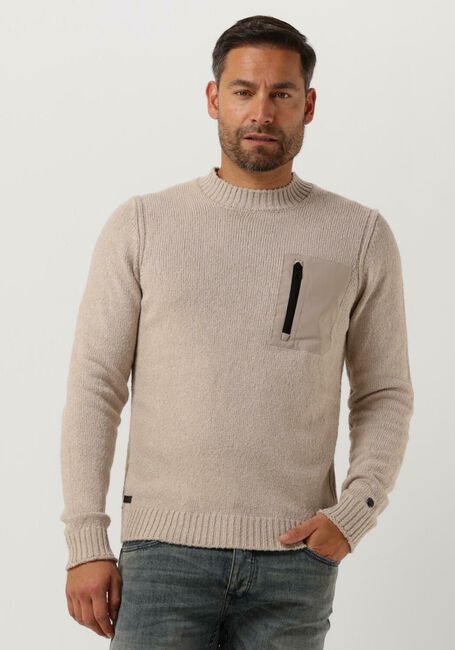 Beige CAST IRON Trui MOCK NECK ROUGH COTTON POCKET CREW - large