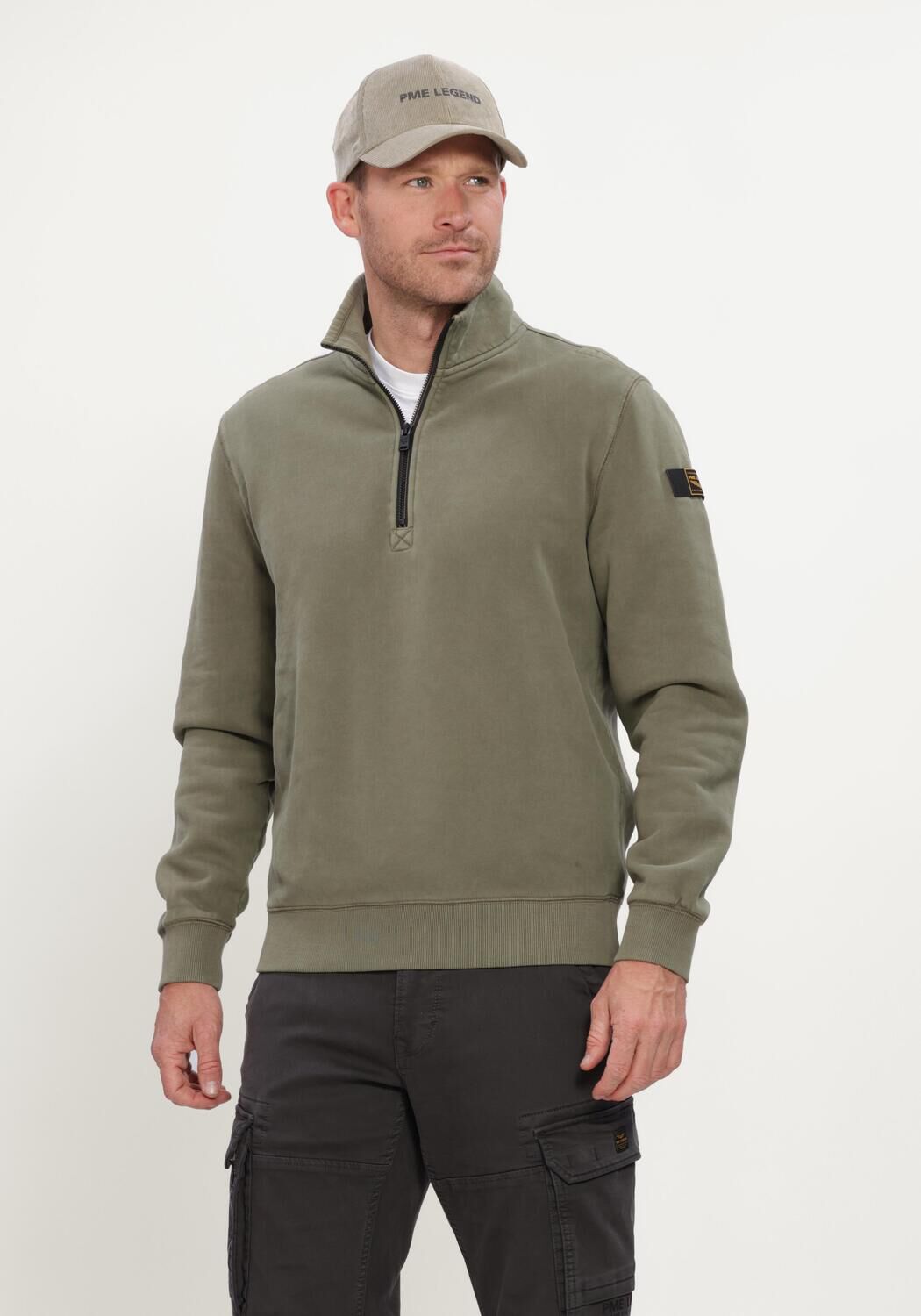 Khaki PME LEGEND Trui HALF ZIP COLLAR PEACHED FLEECE GD - large