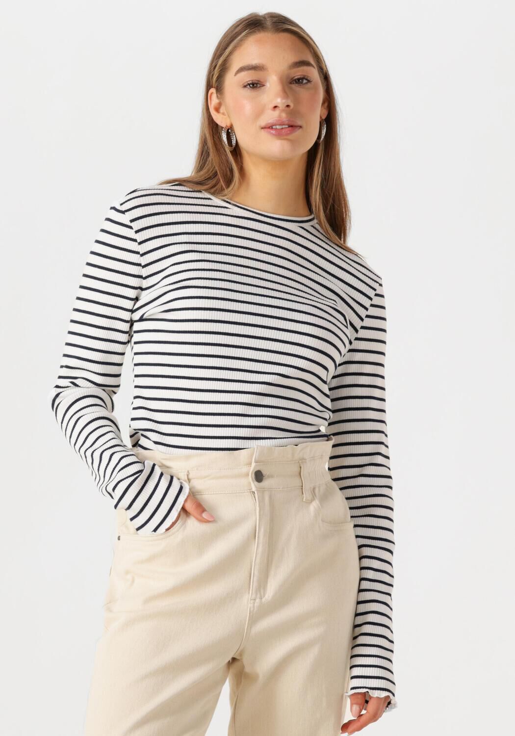 COLOURFUL REBEL Dames Tops & T-shirts Jessie Stripe Rib Long Sleeve Top Wit
