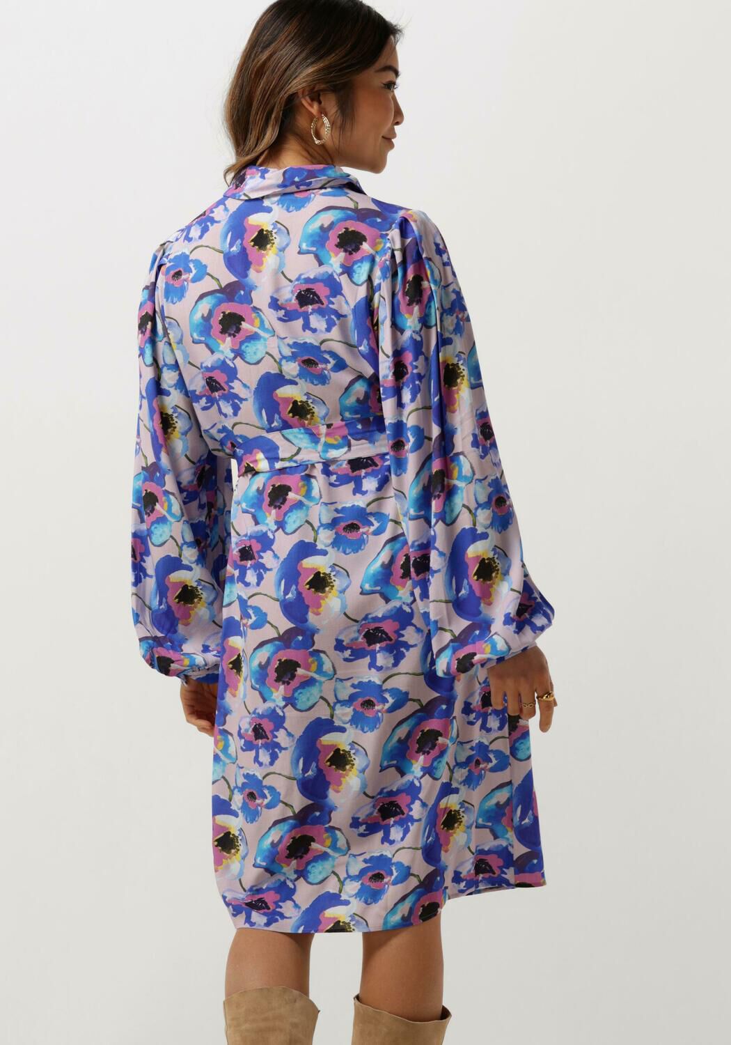 JANSEN AMSTERDAM Dames Jurken Pf508 Printed Long Sleeve Blouse Dress Blauw
