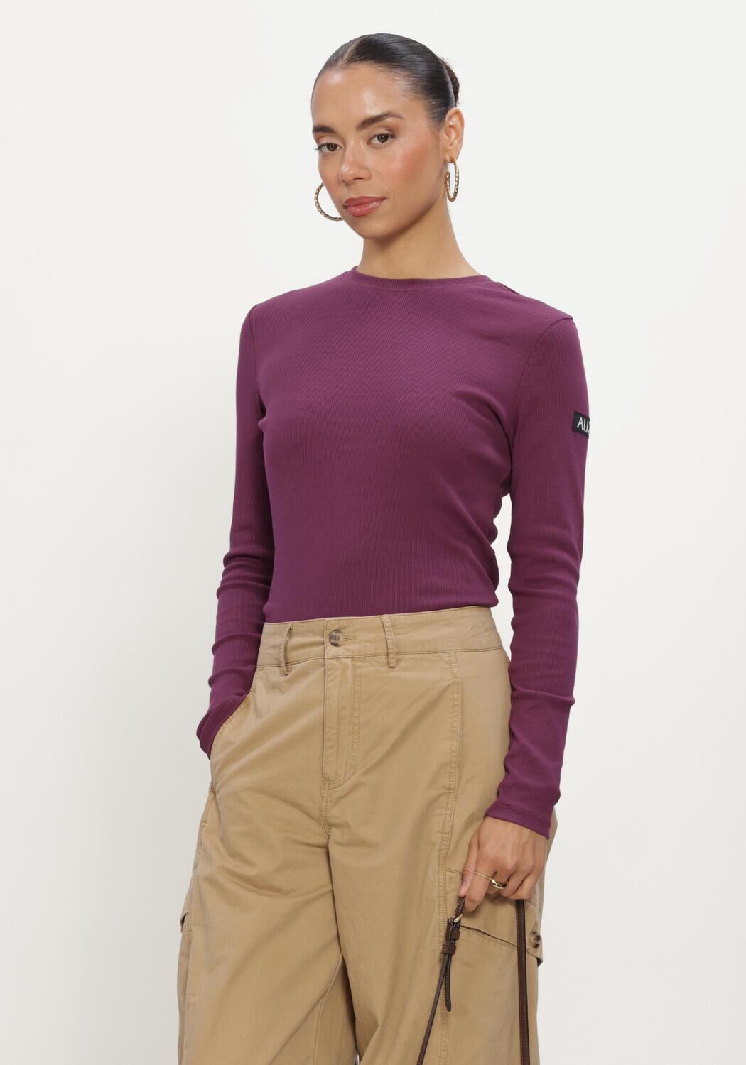 Bordeaux ALIX THE LABEL Tops & T-shirts LADIES KNITTED RIB LONGSLEEVE T-SHIRT - large