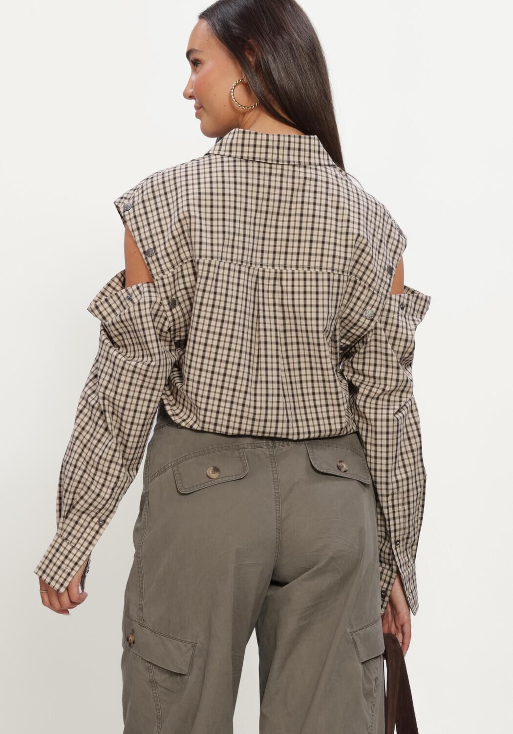 Beige HAUTE L'AMITI&Eacute; Blouses RUBY CHECK BUTTON SLEEVE SHIRT - large