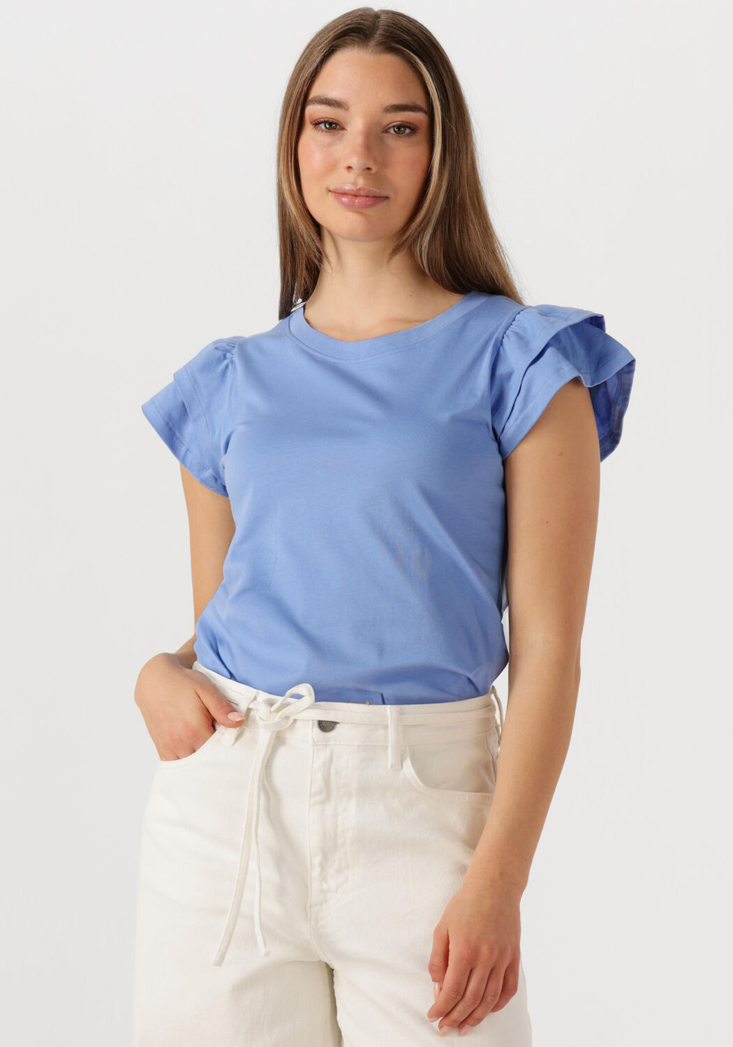 SELECTED FEMME Dames Tops & T-shirts Slfcamila Ss Ruffle Tee Lichtblauw