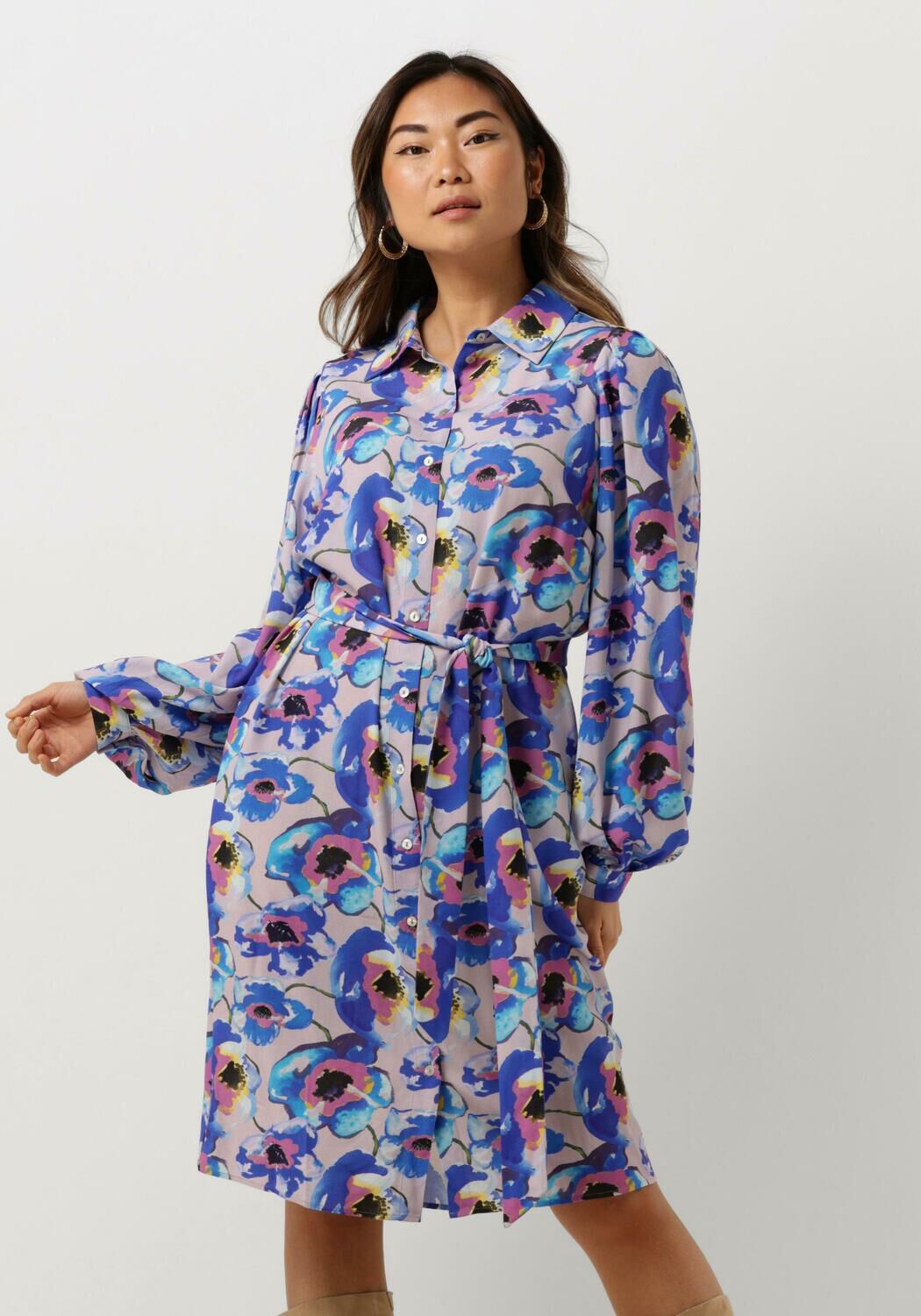 JANSEN AMSTERDAM Dames Jurken Pf508 Printed Long Sleeve Blouse Dress Blauw