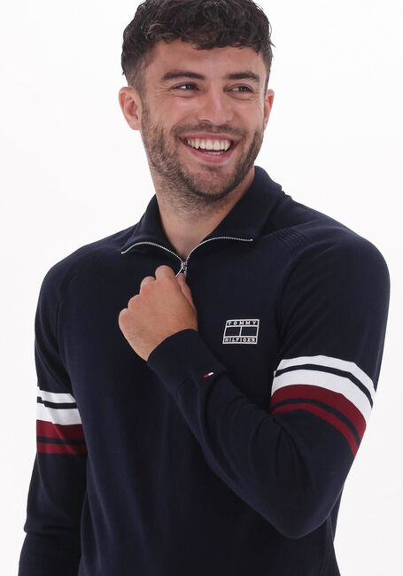 Donkerblauwe TOMMY HILFIGER Trui VARSITY SLEEVE STRIPE ZIP MOCK - large