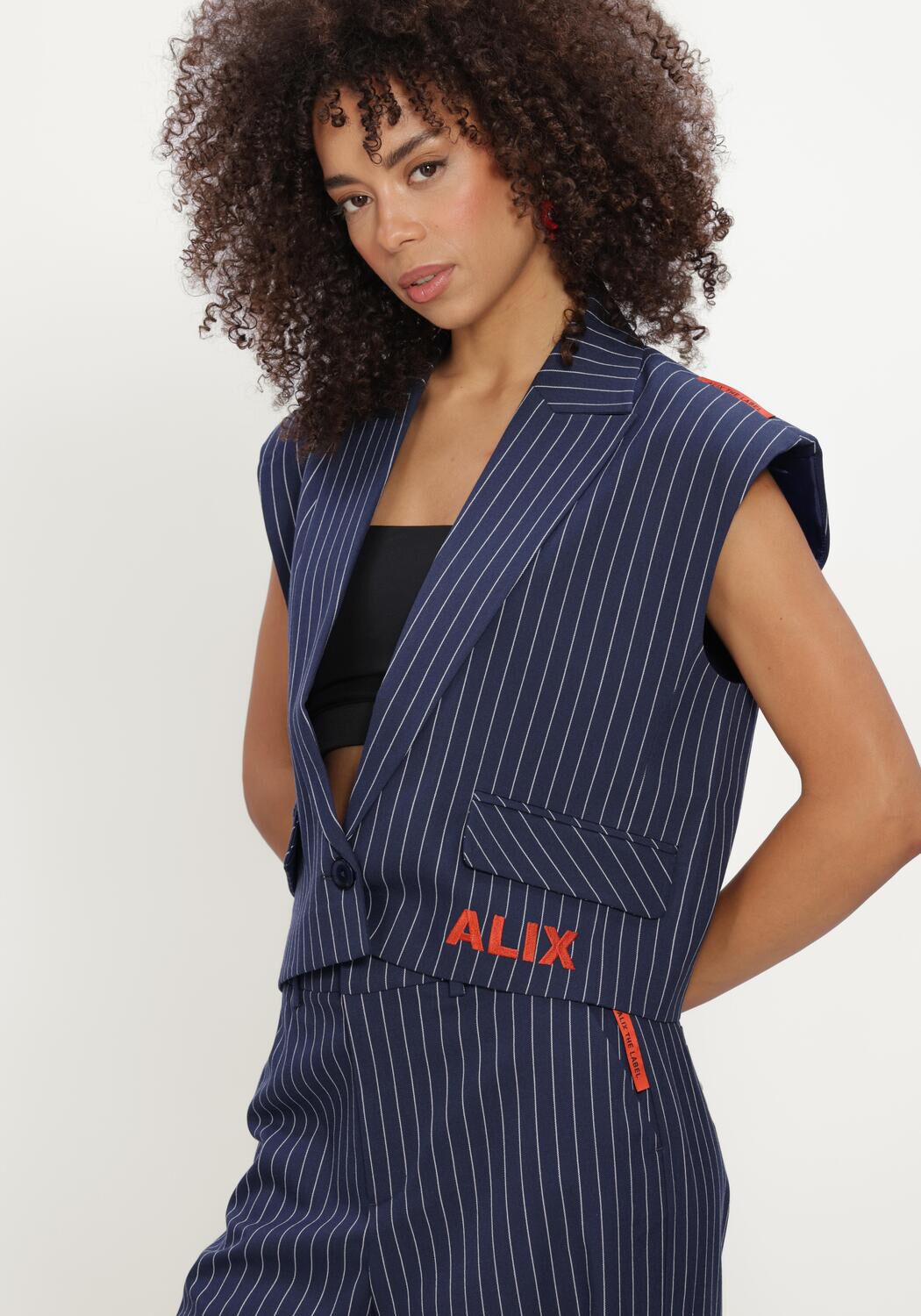 Donkerblauwe ALIX THE LABEL Gilet LADIES WOVEN STRIPED WAISTCOAT - large