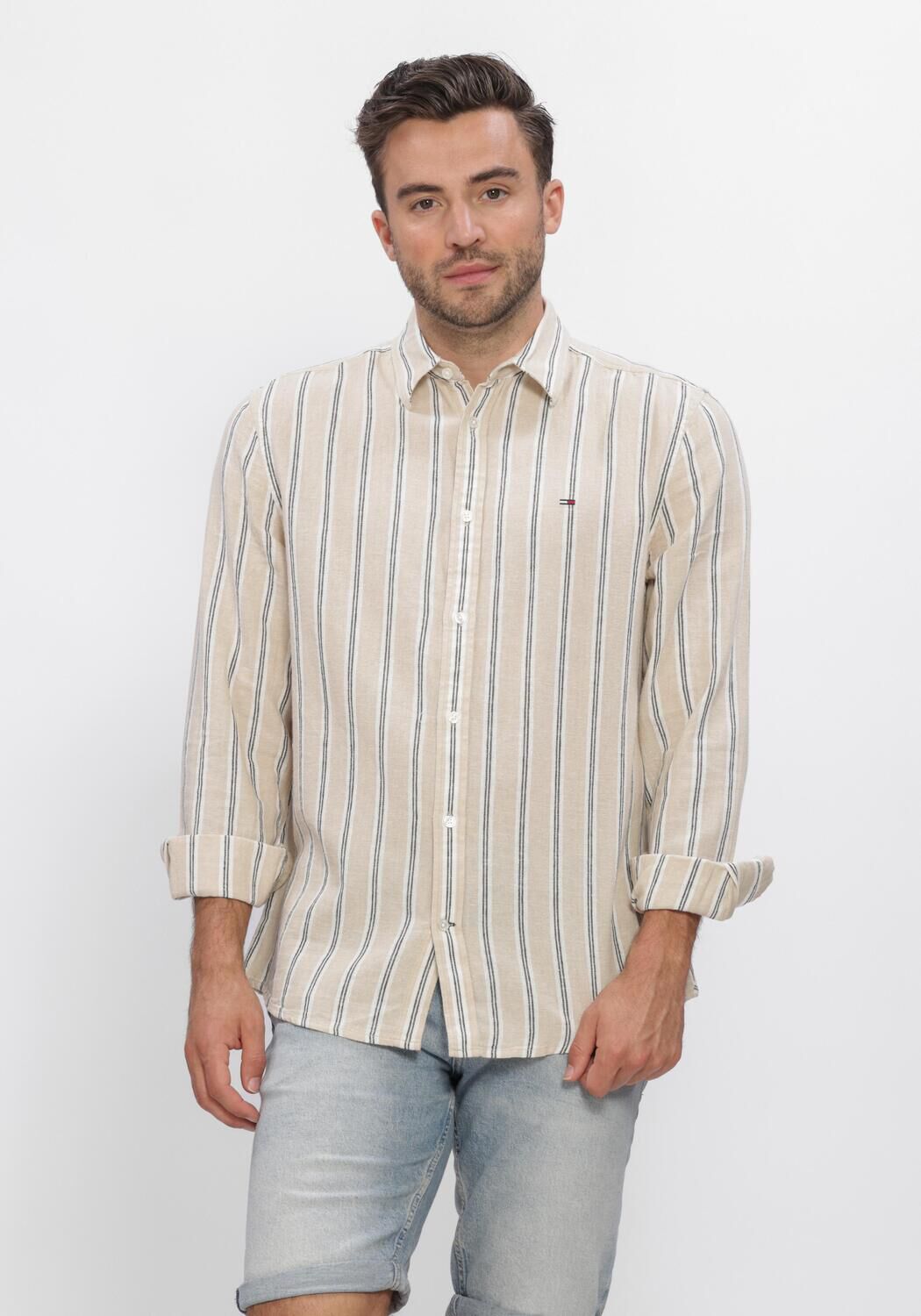 Beige TOMMY JEANS Casual overhemd TJM REG LINEN MX STRP SHIRT EXT - large