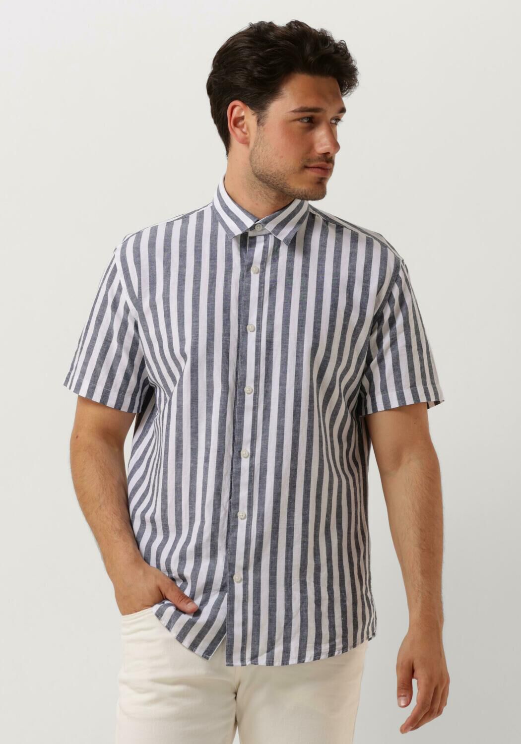SELECTED HOMME Heren Overhemden Slhregnew-linen Shirt Ss Classic Blauw wit Gestreept