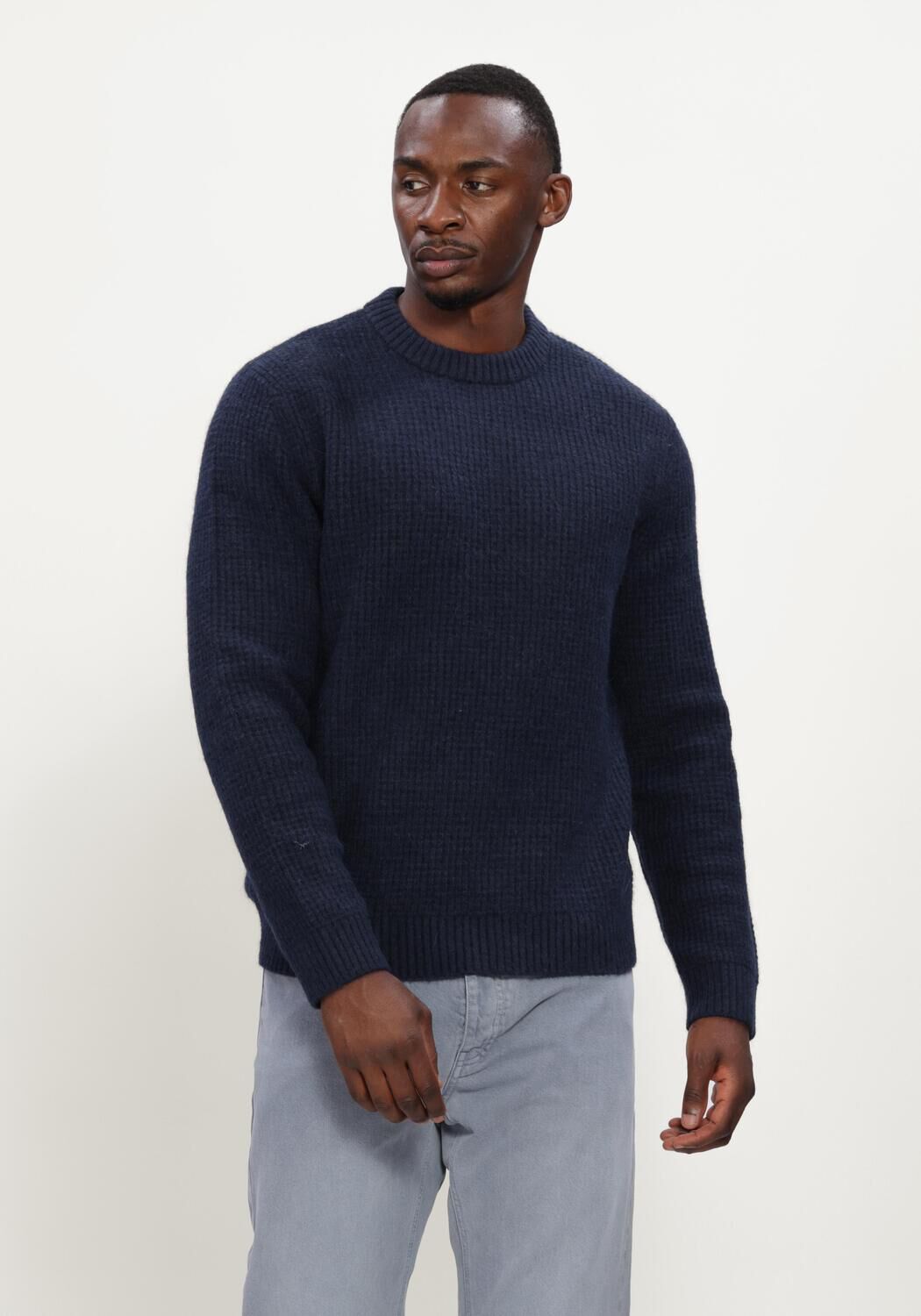 Donkerblauwe SELECTED MEN Trui SLMRAI LS KNIT WAFFLE CREW NECK - large