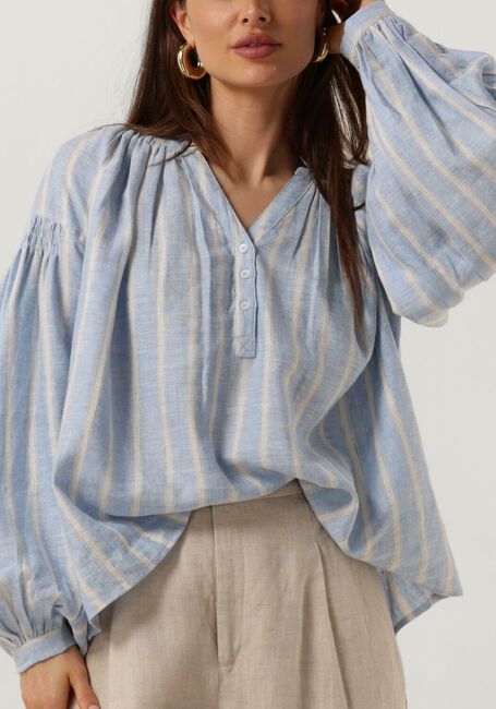 Lichtblauwe MOS MOSH Blouses SAFI STRIPED LINEN SHIRT - large