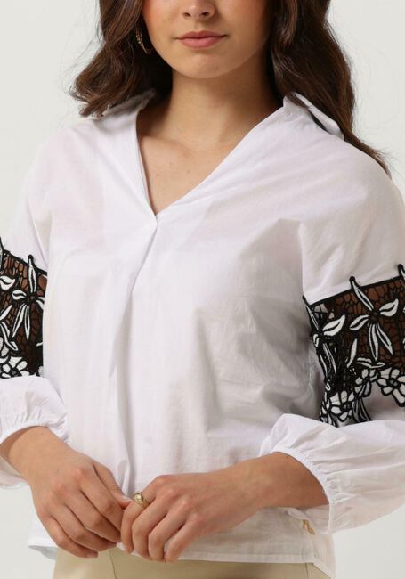 Witte JANSEN AMSTERDAM Blouses CV777 COTTON VOILE BLOUSE WITH BLACK/WHITE LACE DETAIL 3/4 SLEEVE - large