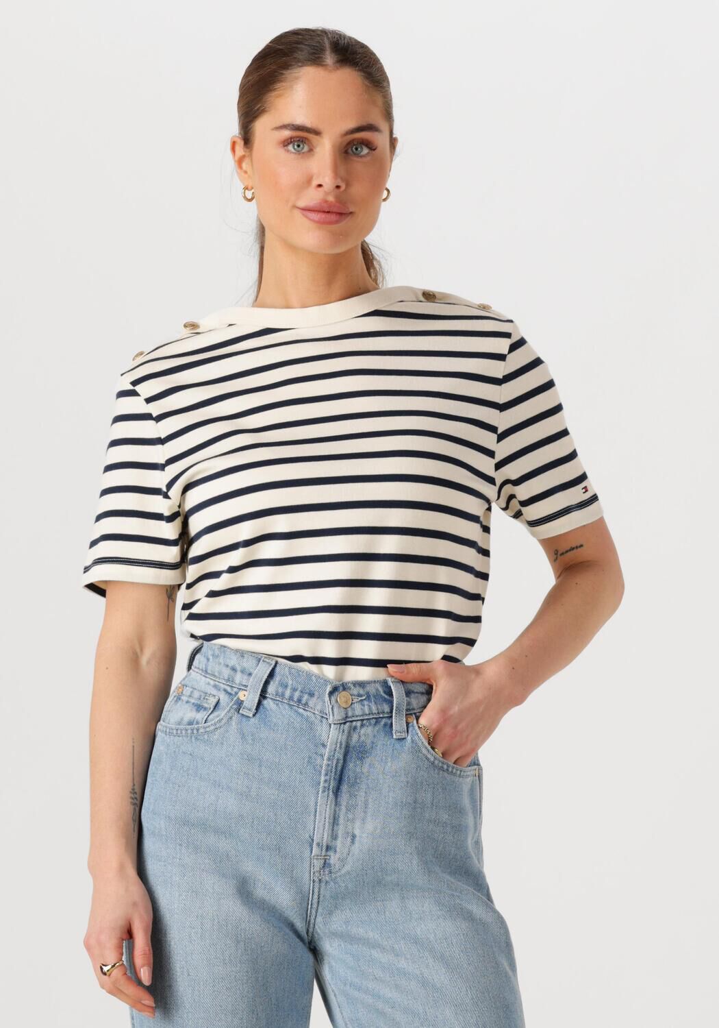 TOMMY HILFIGER Dames Tops & T-shirts Reg Stripe Gold Btn C-nk Ss Ecru