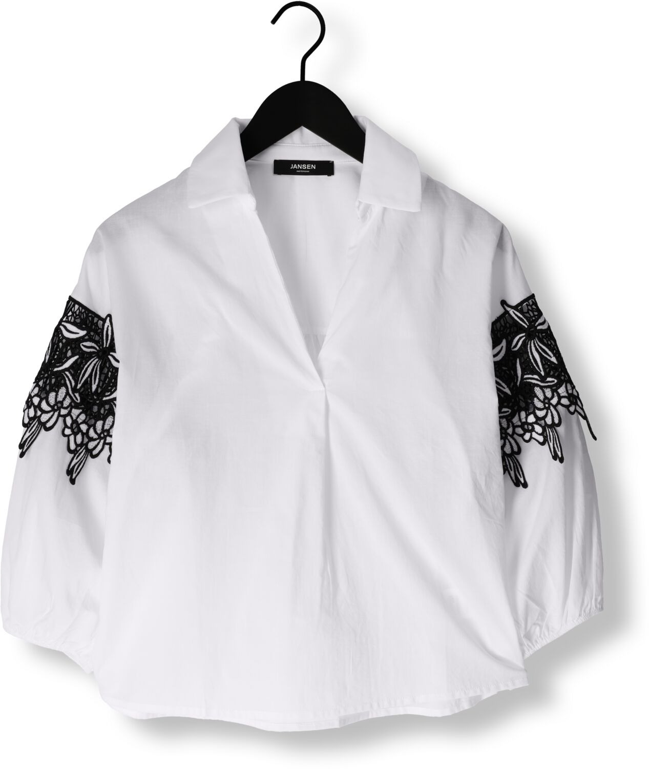 JANSEN AMSTERDAM Dames Blouses Cv777 Cotton Voile Blouse With Black white Lace Detail 3 4 Sleeve Wit