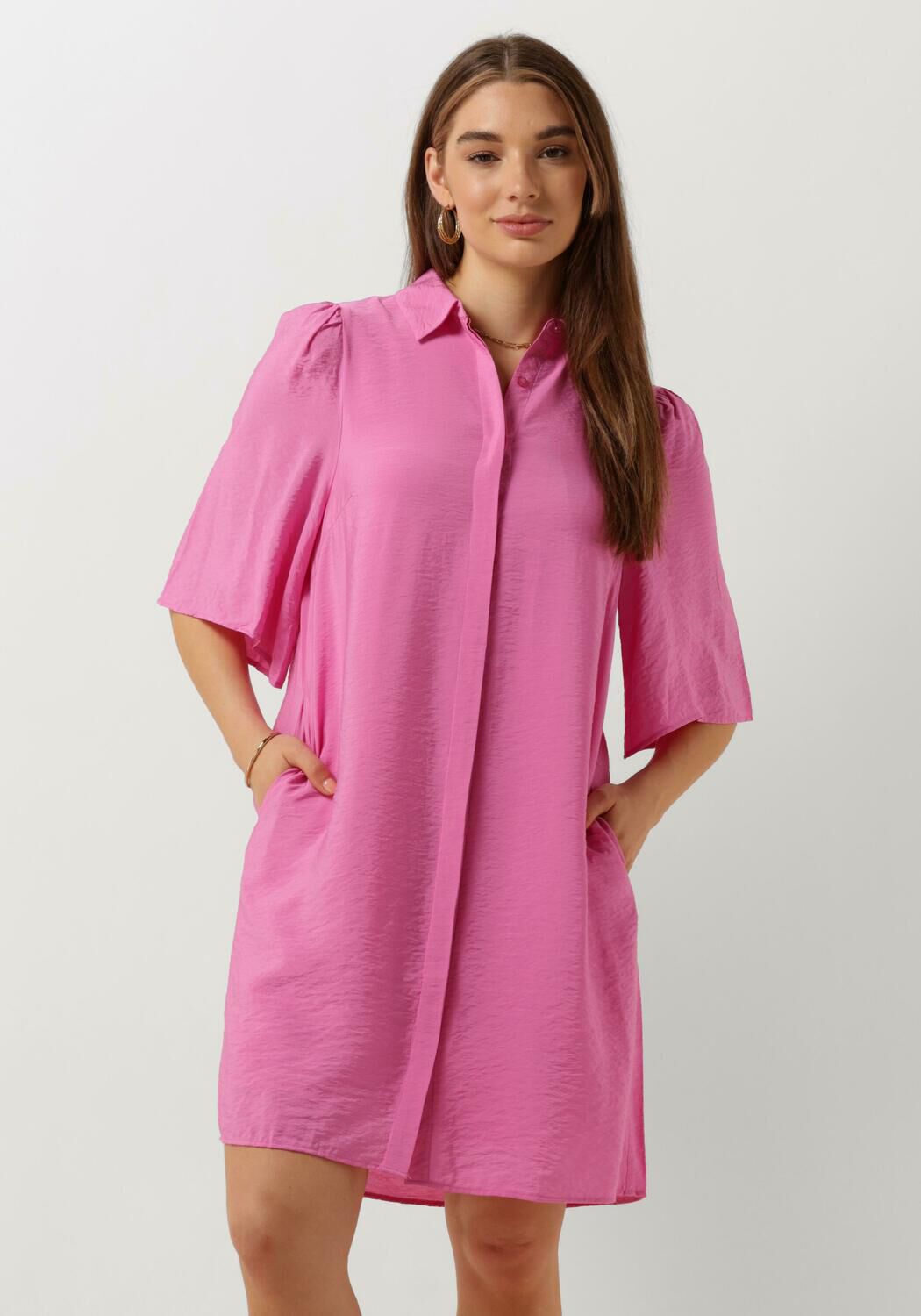 CATWALK JUNKIE Dames Jurken Flare Sleeve Button Up Blouse Dress Roze