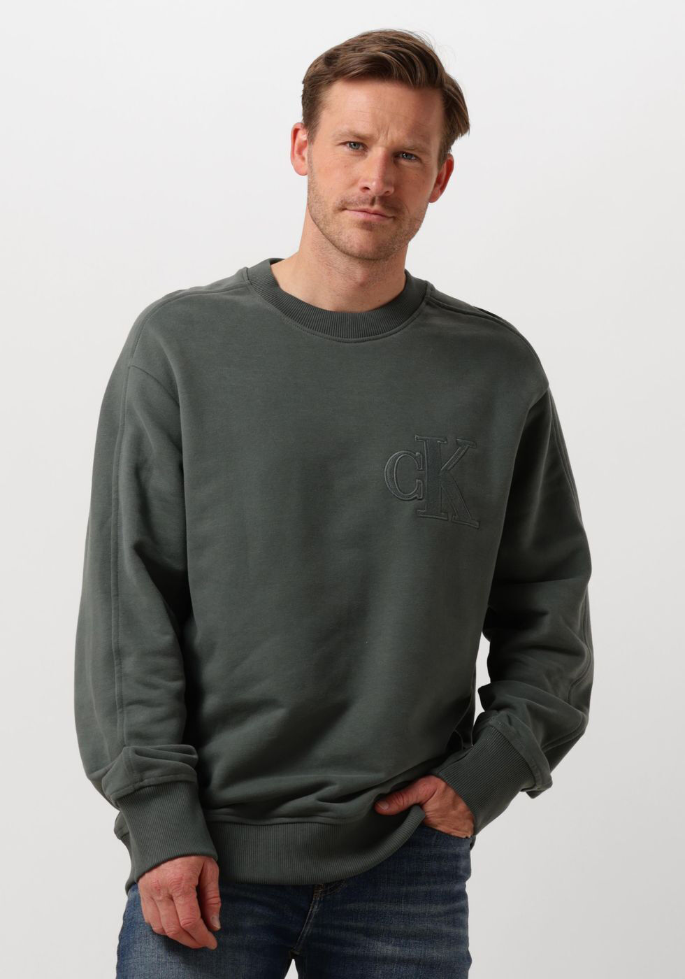 CALVIN KLEIN Heren Truien & Vesten Ck Applique Crew Neck Grijs