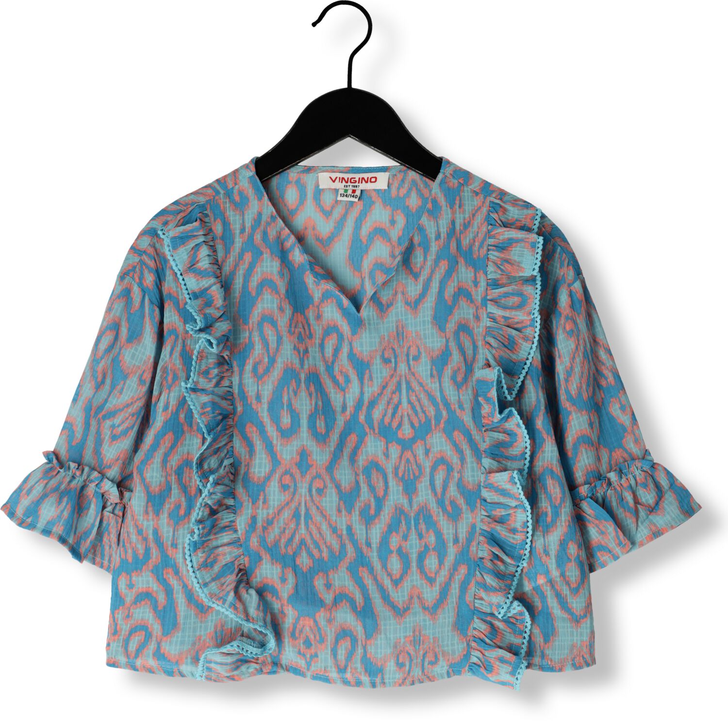 VINGINO T-shirt met all over print en ruches lichtblauw roze Meisjes Polyester V-hals 164