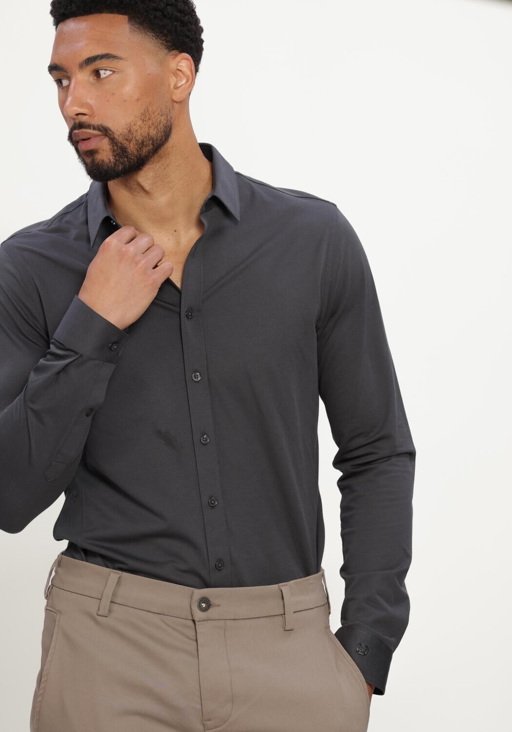 Donkergrijze CAST IRON Casual overhemd LONG SLEEVE SHIRT TECH FINE JERSEY - large