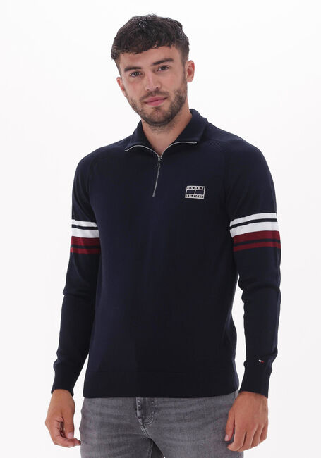 Donkerblauwe TOMMY HILFIGER Trui VARSITY SLEEVE STRIPE ZIP MOCK - large