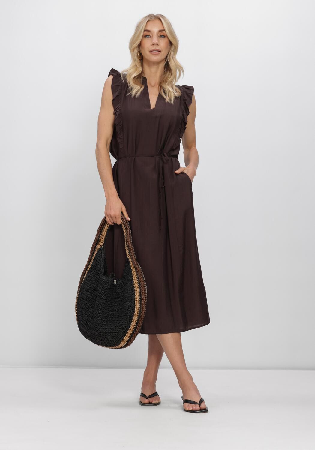 Bruine CO'COUTURE Midi jurk HERACC FRILL SS V-DRESS - large