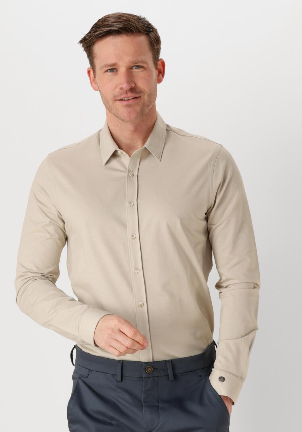 CAST IRON Heren Overhemden Long Sleeve Shirt Twill Jersey 2 Tone Zand